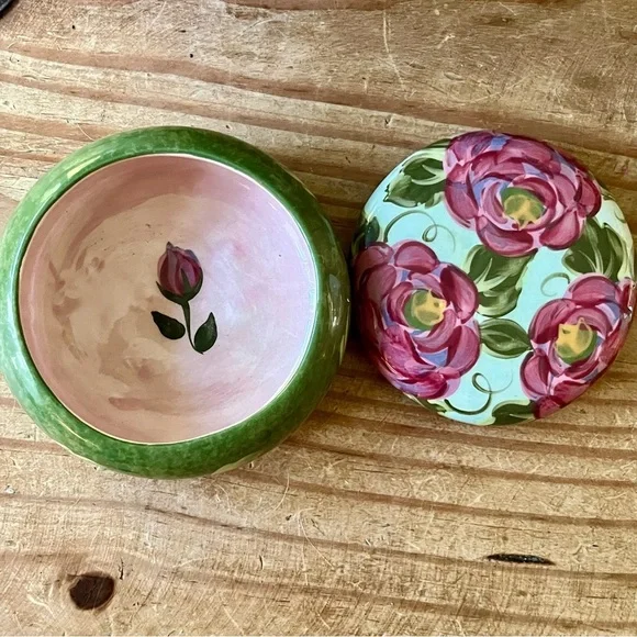 Lesal Ceramics Jewelry Trinket Box Handcrafted Floral Pink Purple Green - Picture 3 of 10